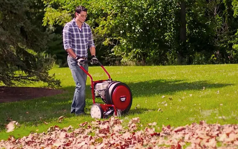 A homeowner using a walk behind leaf blower in a large garden