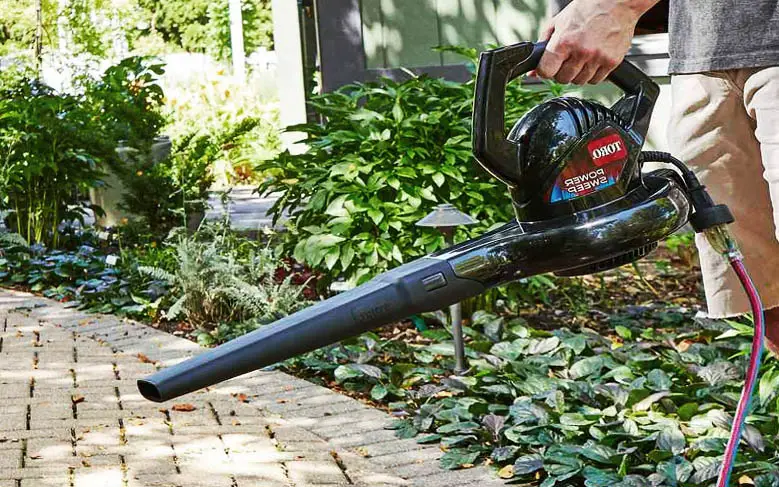 An image showing a lightwweight corded electric leaf blower being held