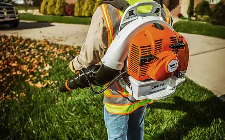 An expensive petrol powered backpack leaf blower