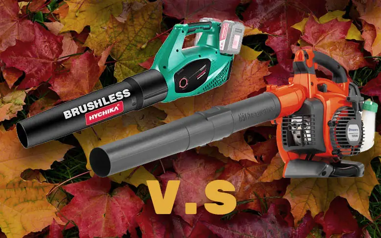 A side by side comparison of a petrol vs electric leaf blower