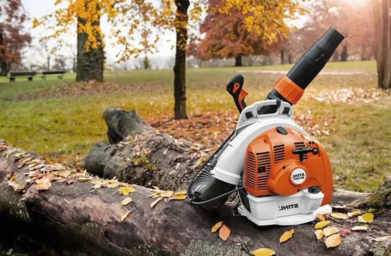 A petrol powered leaf blower in a large garden