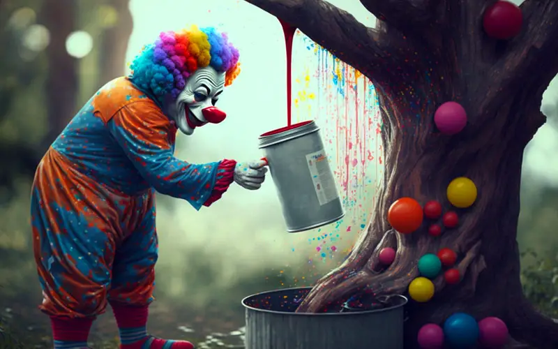 A picture of a clown playing with paint next to a tree