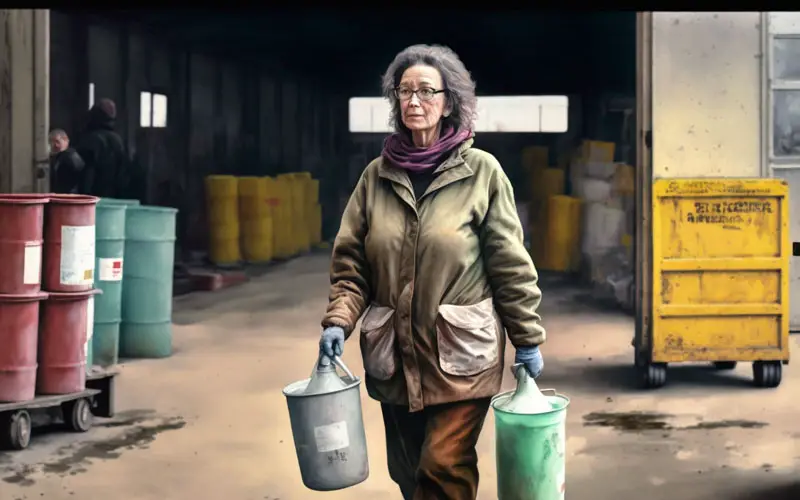 A lady walking into a paint recycling center with tins of old paint in her hand