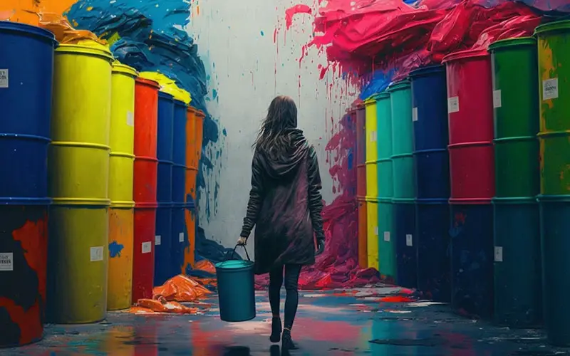 A picture of a lady taking a tin of paint to a paint recycling center