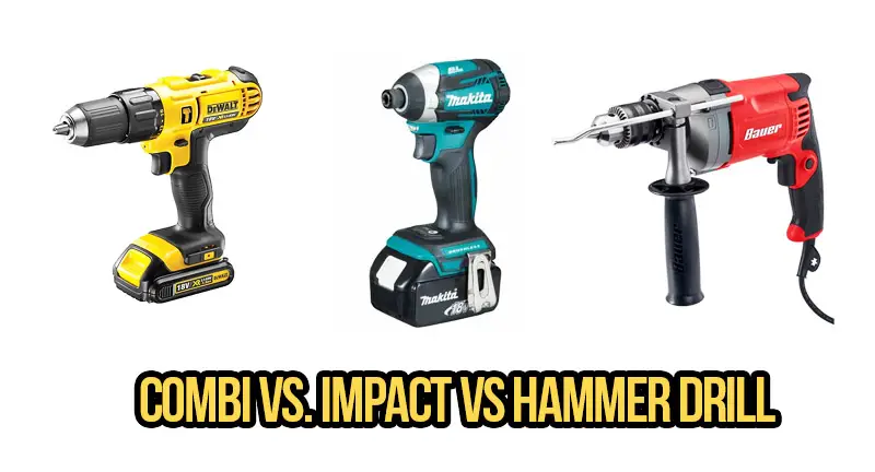 A picture of a combi drill next to an impact driver and a hammer drill